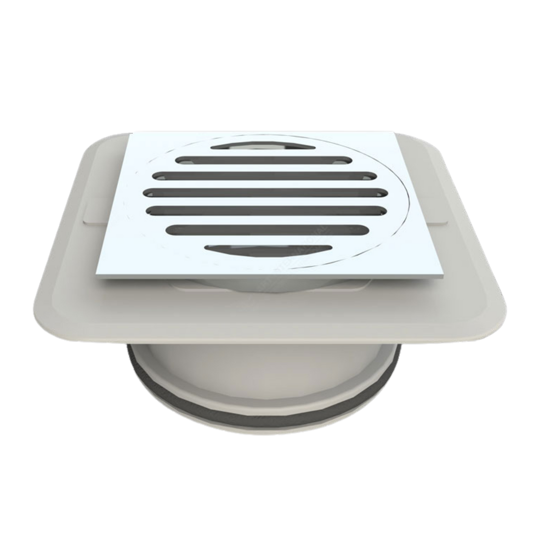 100mm sq Megaflex stick-down floor waste: chrome brass grate on ABS flange bonds securely to waterproofing membrane for le...