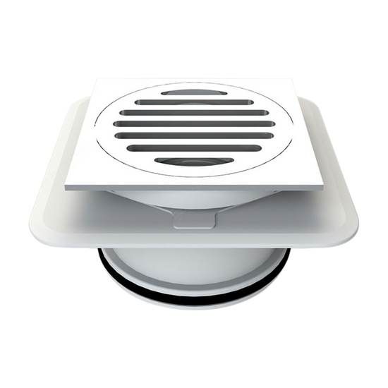 100mm square raised floor waste, chrome grate, Megaflex™ flange for watertight seal over waterproofing membrane, prevents ...