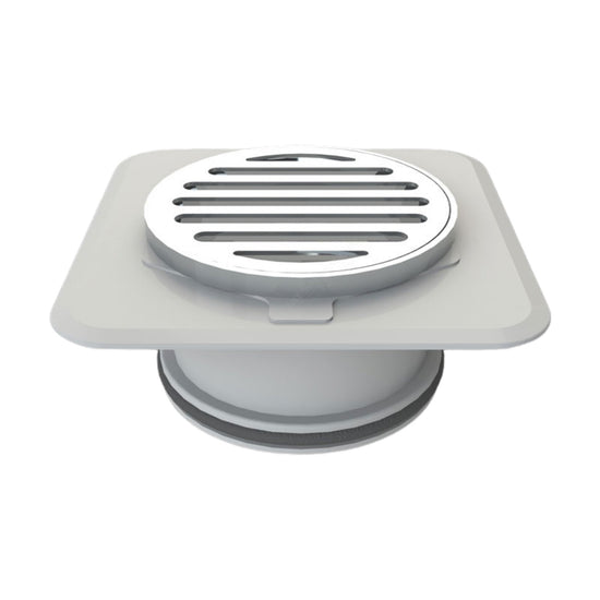 100mm Round Megaflex Stick Down Floor Waste: chrome brass grate, ABS flange bonds securely to waterproofing membrane.