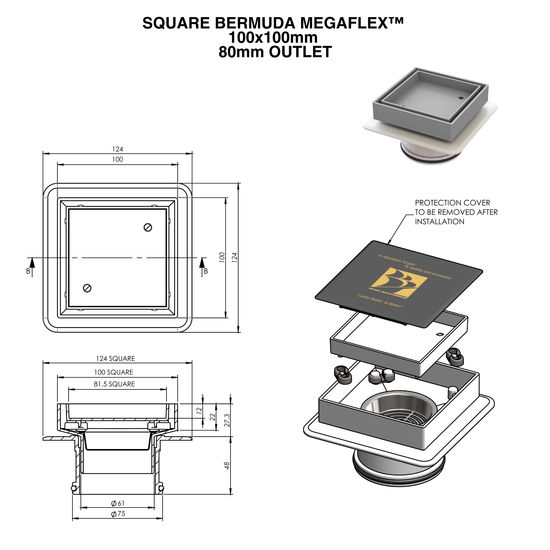 Square Bermuda MegaFlex™ 100x100mm shower drain grate, 80mm outlet, exploded view with dimensions.