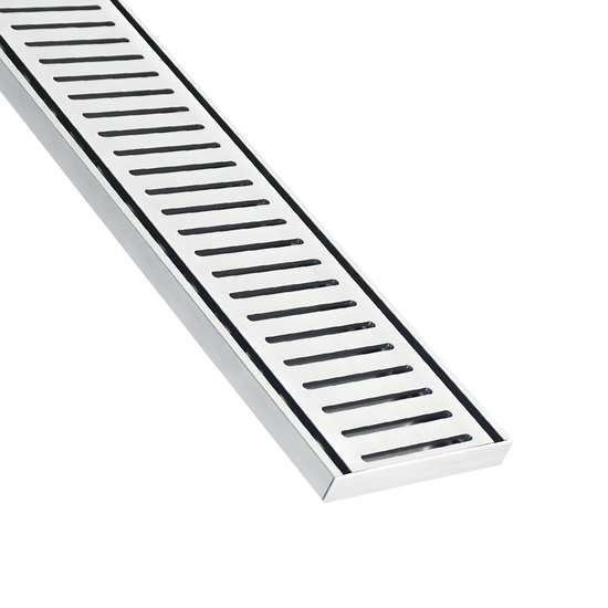 Stainless steel linear shower drain grate with sleek parallel slats for modern bathrooms.
