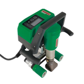 Leister green handheld extrusion welder with digital LCD display, ergonomic grip, nozzle, rod feeders & power cord