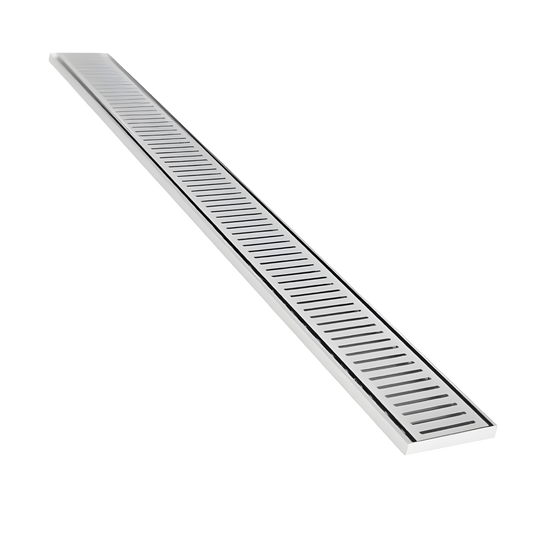 Stainless steel linear shower drain grate, sleek rectangular slatted design for modern bathrooms.