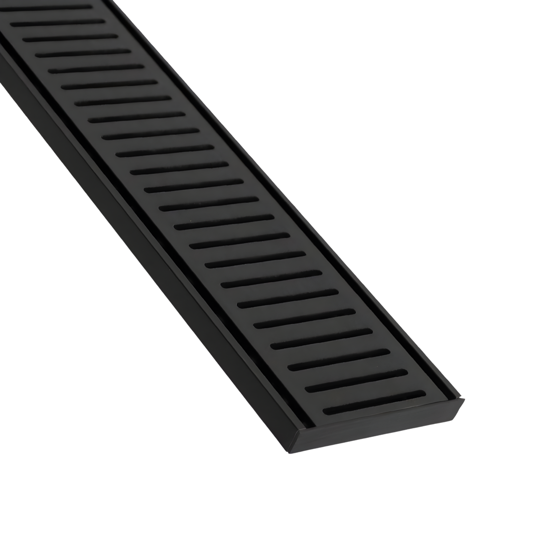 Black linear shower drain grate with parallel slats, modern matte finish for bathrooms