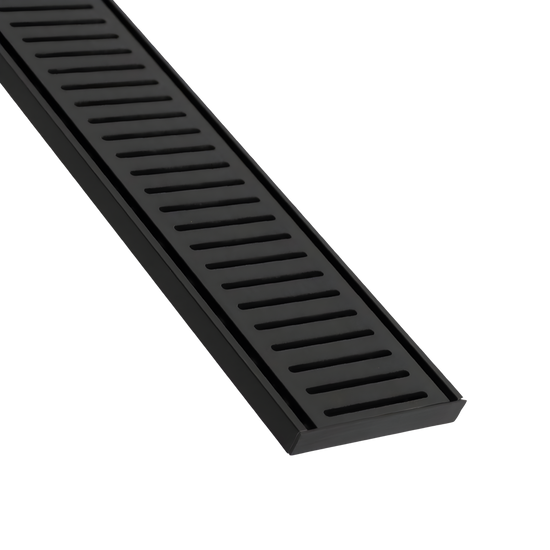 Black linear shower drain grate with parallel slats, modern matte finish for bathrooms