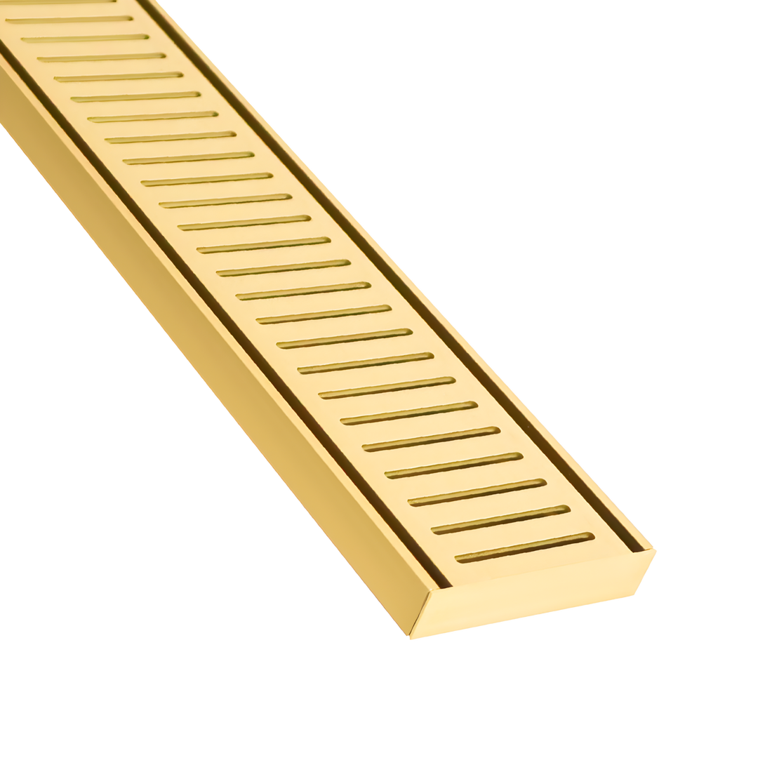 Gold linear shower drain grate with slatted bars, sleek rectangular design for modern bathrooms.