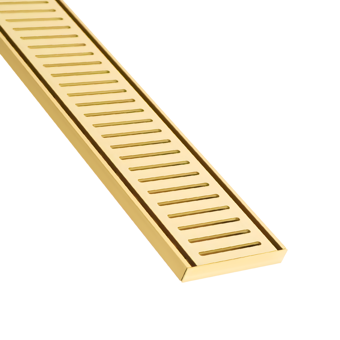Gold brass linear shower drain grate, sleek slatted rectangular cover for modern bathrooms.