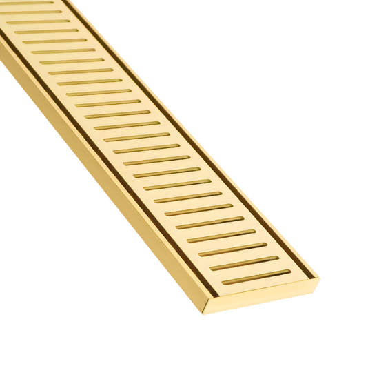 Gold brass linear shower drain grate, sleek slatted rectangular cover for modern bathrooms.