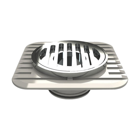 Stainless steel square shower drain grate with slotted circular center, modern chrome finish for bathrooms