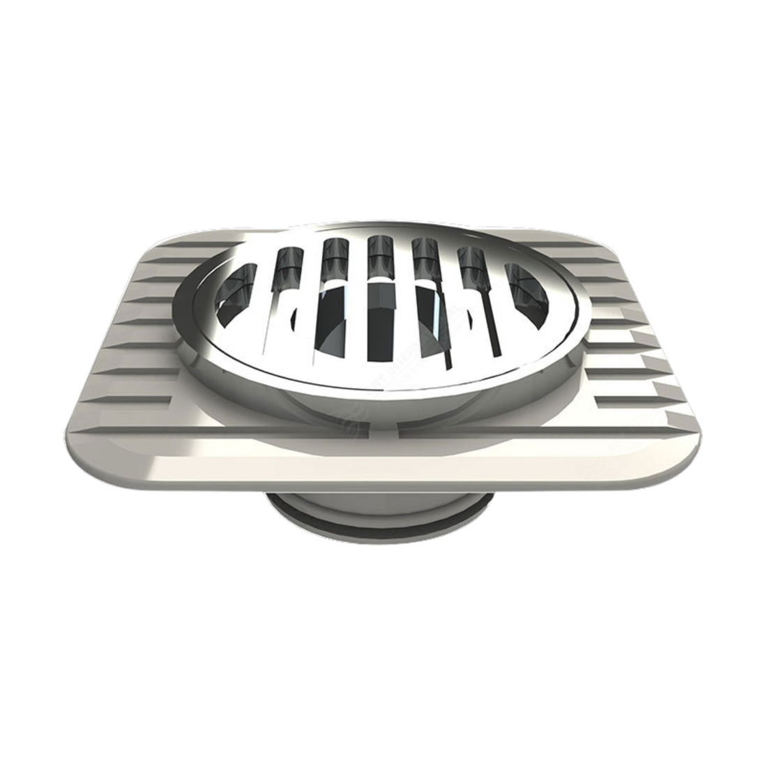 Stainless steel square shower drain grate with slotted circular center, modern chrome finish for bathrooms