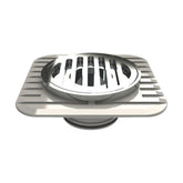 Stainless steel square shower drain grate with slotted circular center, modern chrome finish for bathrooms