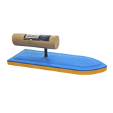 Golden blue foam plastering trowel with orange edge and ergonomic wooden handle
