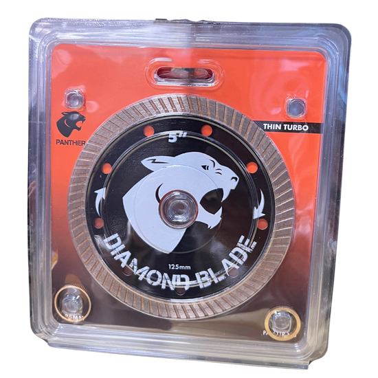 Panther 5" (125mm) Thin Turbo Diamond Blade in orange blister pack with roaring panther logo