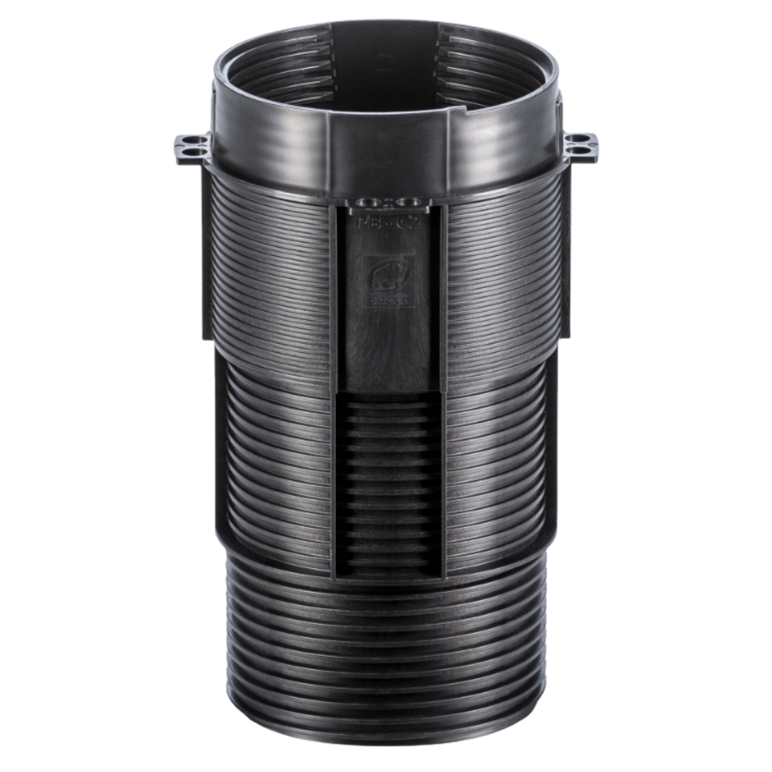 Black corrugated HDPE pipe coupler with side grips, ADS brand, split design for easy drainage pipe connection