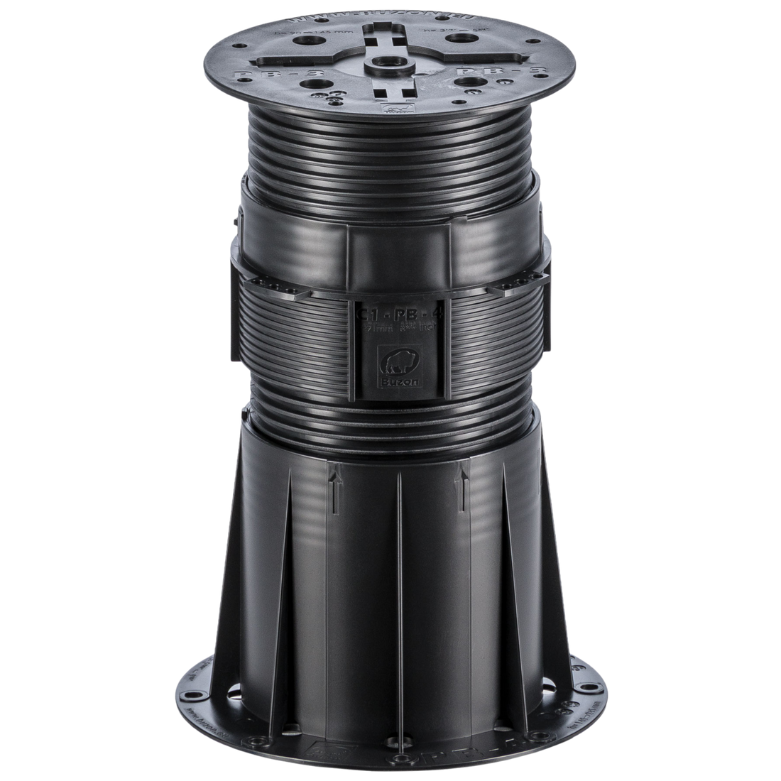 Black adjustable plastic deck pedestal with ribbed column, square base, and height adjustment top for outdoor flooring.