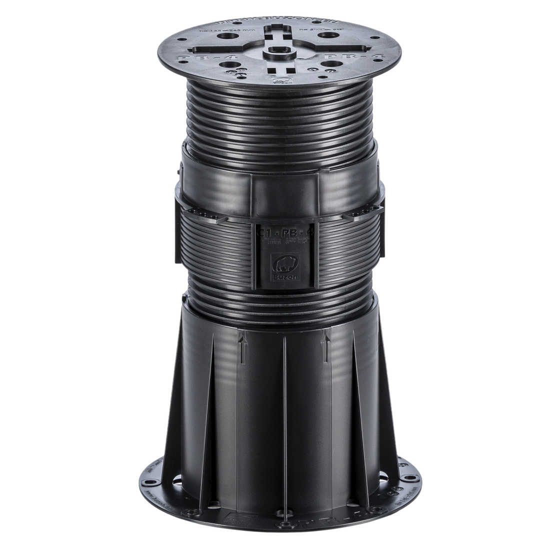 Black adjustable plastic deck pedestal with square base, ribbed column, and top plate for raised outdoor flooring