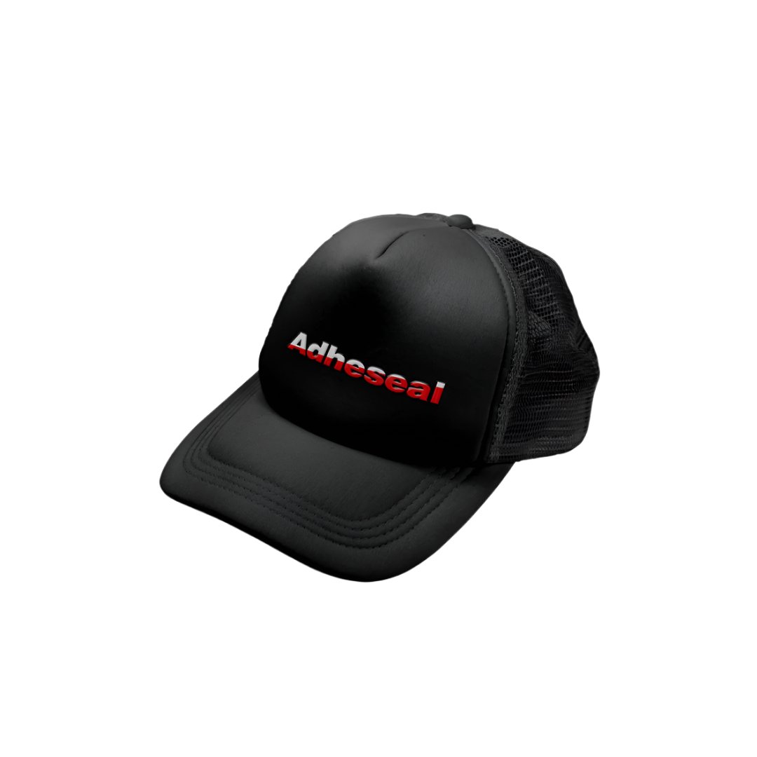 Adheseal black trucker cap with mesh back, provides head protection from Australian sun on job sites.