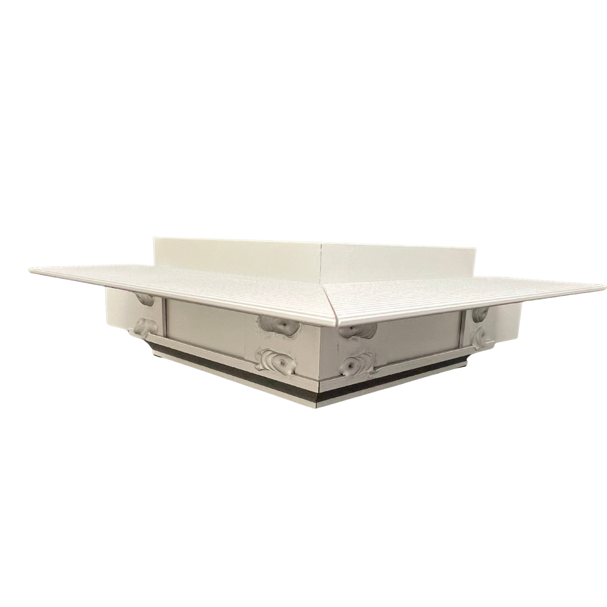 White corner display shelf unit with extended platforms and decorative corner accents