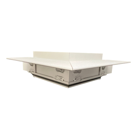 White corner display shelf unit with extended platforms and decorative corner accents