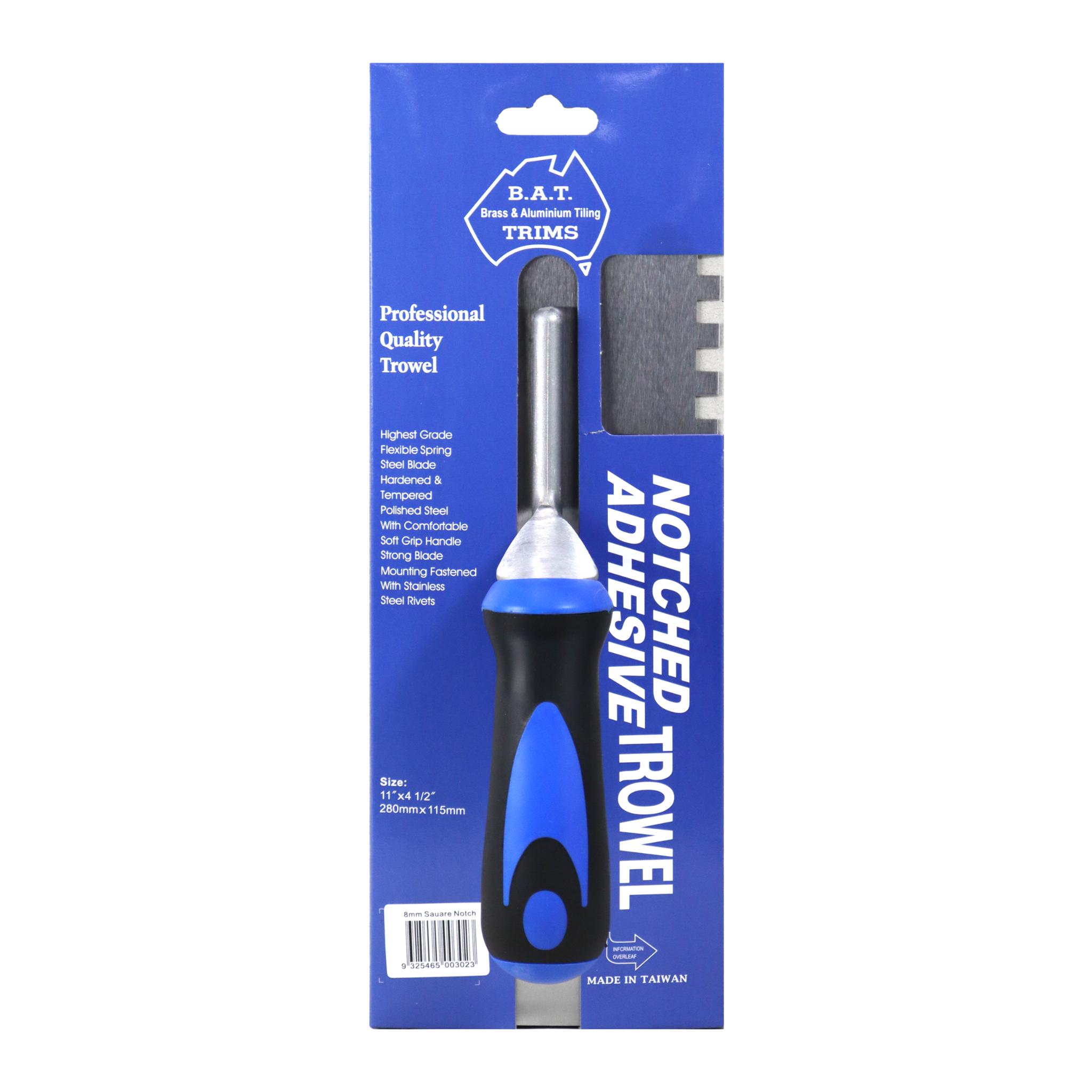 B.A.T bright steel square notch trowel with soft-grip handle for even tile adhesive application on substrates
