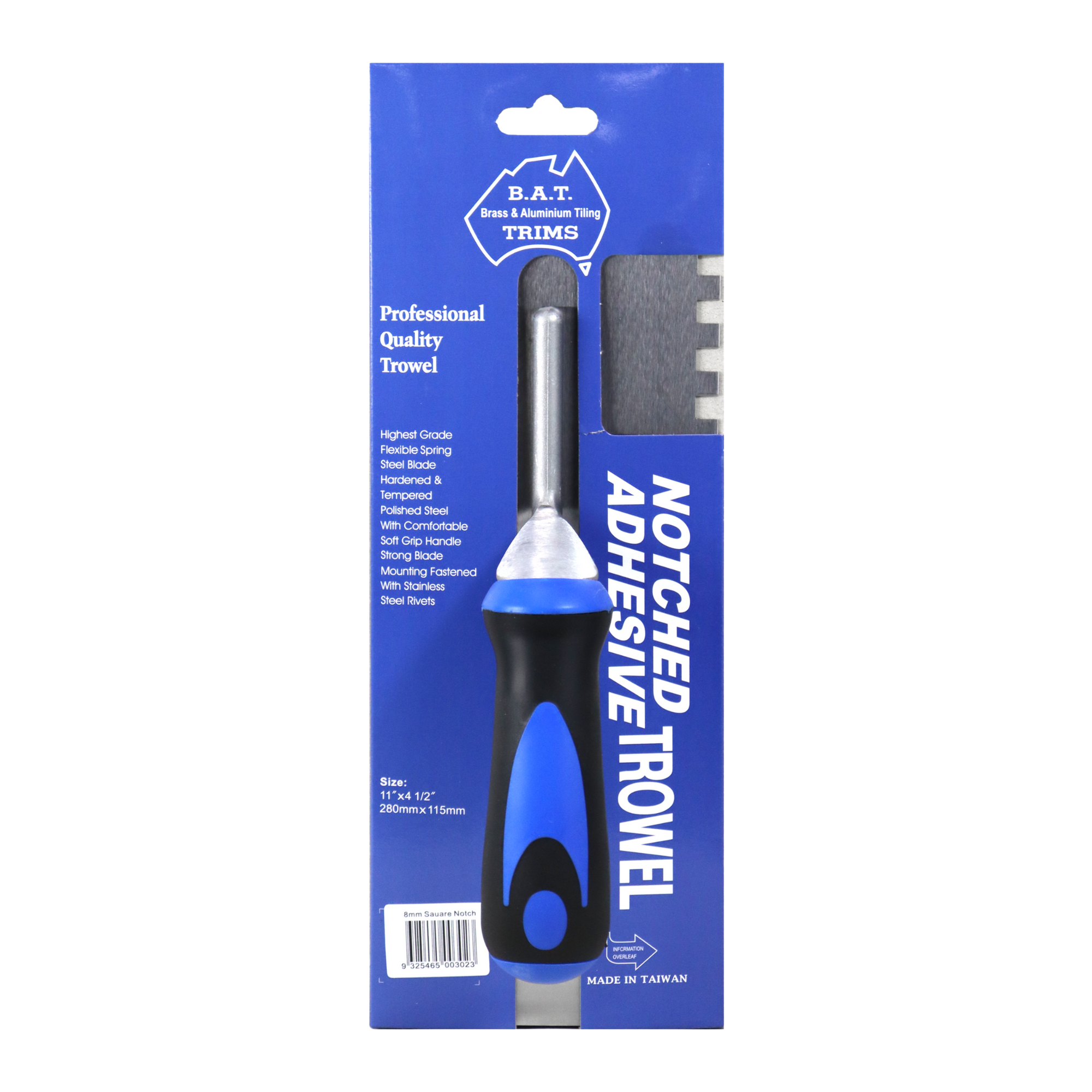 B.A.T bright steel square notch trowel with soft-grip handle for even tile adhesive application on substrates