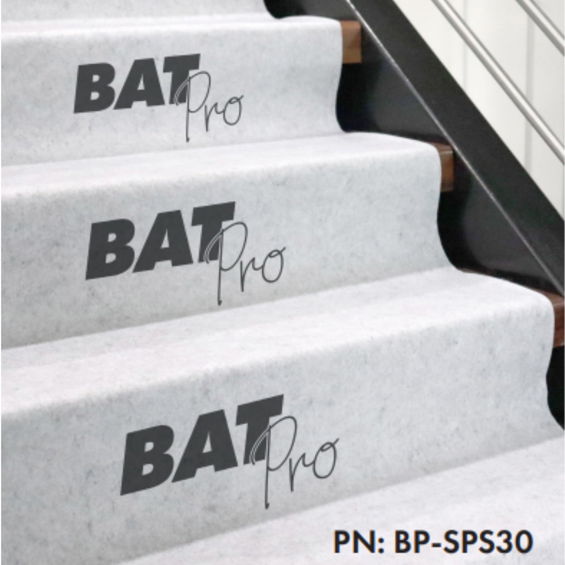 BAT Pro gray anti-slip stair treads on modern stairs, model BP-SPS30, durable non-slip step covers with bold logo.