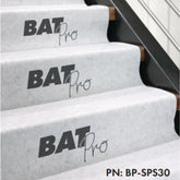 BAT Pro gray anti-slip stair treads on modern stairs, model BP-SPS30, durable non-slip step covers with bold logo.