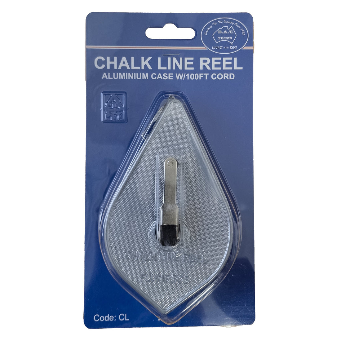 BAT Trim Chalk Line Reel in durable zinc case, self-chalking 100ft line for precise marking and plumbob prep.
