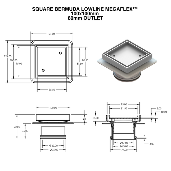 100x100mm Square Bermuda Lowline Megaflex floor waste diagram: brass grate, 80mm outlet dims, flexible base for tiled wet ...