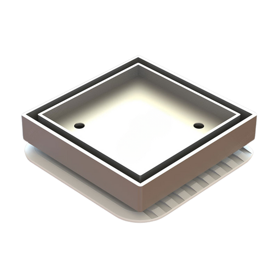 100x100mm Square Bermuda Lowline Megaflex floor waste: brass grate on flexible ABS base for flush tiled wet areas over wat...