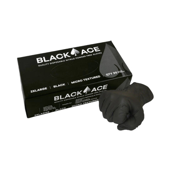 Black Ace 2XL powder-free nitrile gloves box, micro-textured for grip, puncture/chemical resistant hand protection in trades.