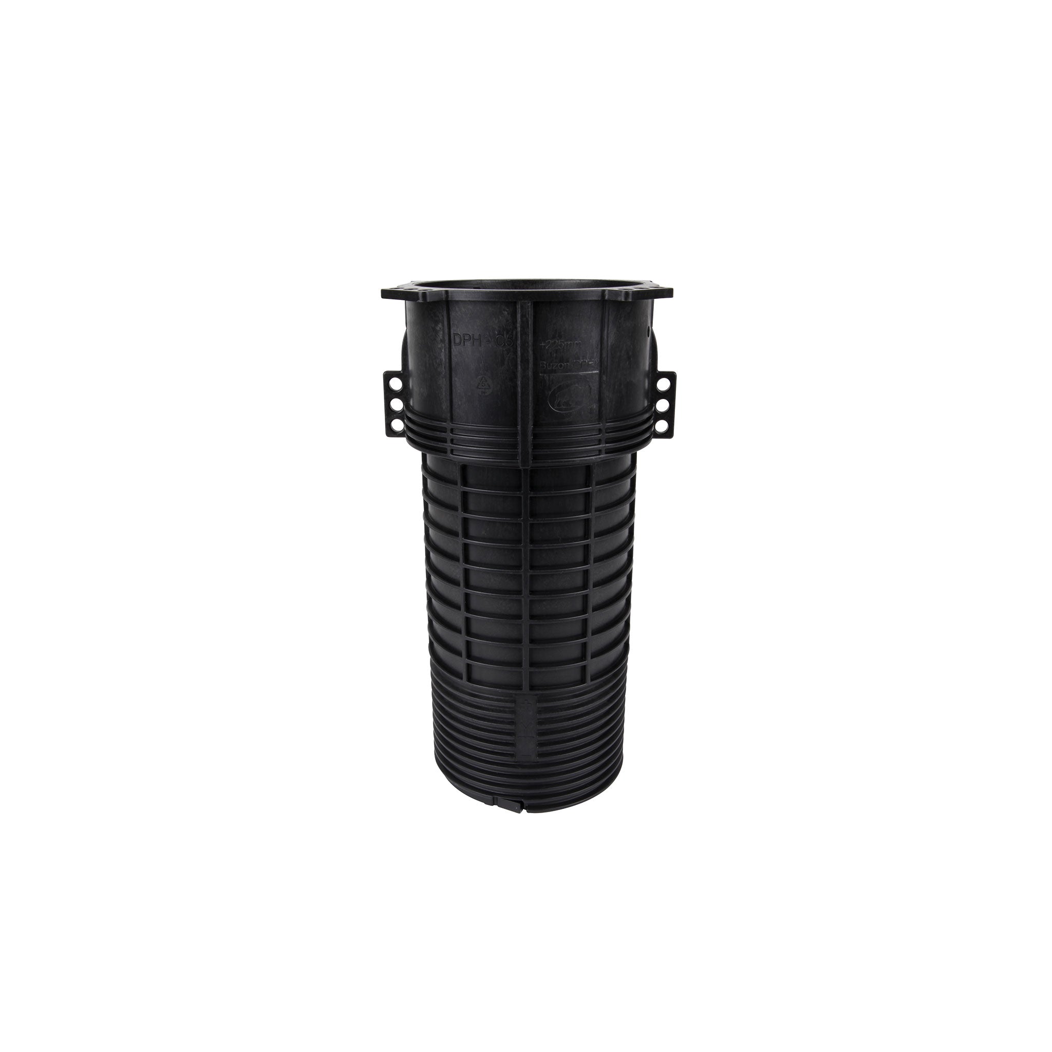 Black ribbed Buzon DPH-5 coupler extends pedestal height for level raised flooring on balconies and decks.