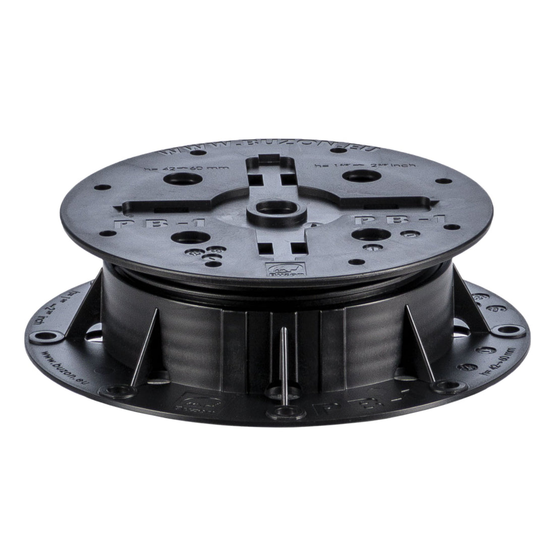 Black PB-1 plastic decking pedestal, fixed 43mm height, 180mm dia, slope adjustable base
