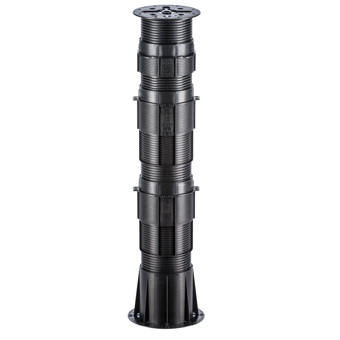 Black segmented cylindrical support column with mechanical panels, ribbed design, and flared base.
