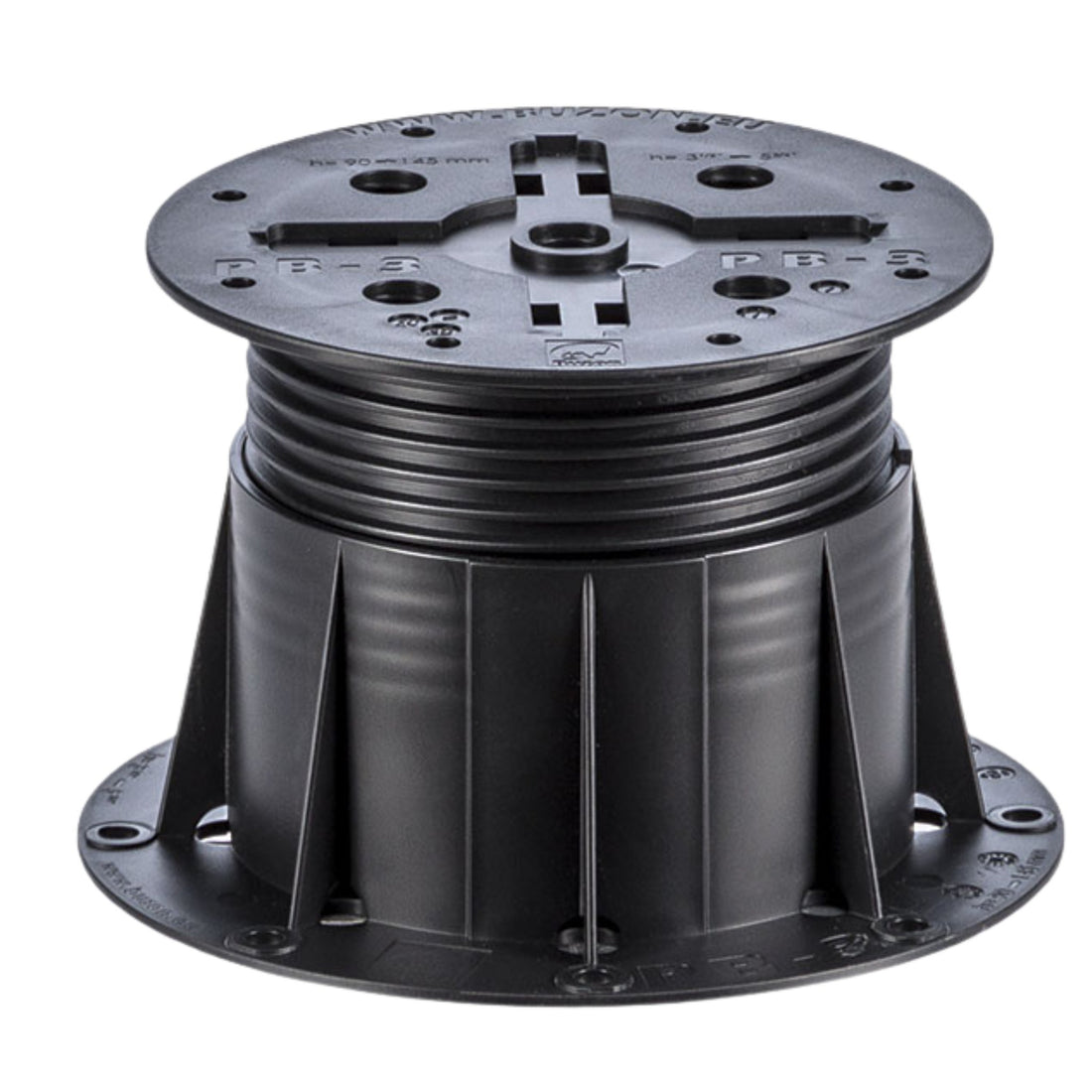 Black adjustable deck pedestal base, ribbed plastic support with central coupler, 10cm dia. for decking & pavers.