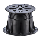 Black adjustable deck pedestal base, ribbed plastic support with central coupler, 10cm dia. for decking & pavers.