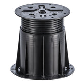 Adjustable black plastic deck pedestal with ribbed height adjustment, 146-148mm top plate, and stable base for raised floo...