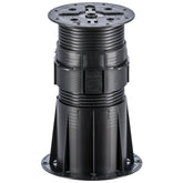 Black adjustable plastic deck pedestal with ribbed column, square base, and height adjustment top for outdoor flooring.