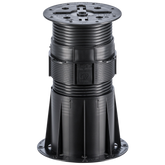 Black adjustable plastic deck pedestal with ribbed column, square base, and height adjustment top for outdoor flooring.