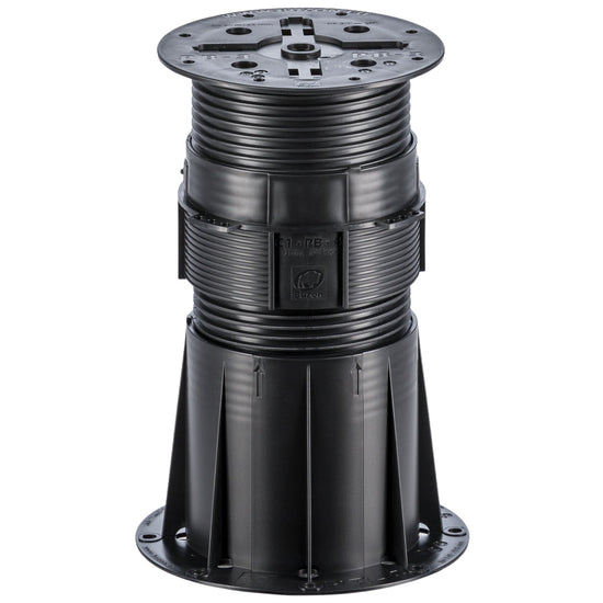 Black adjustable plastic deck pedestal with ribbed column, square base, and height adjustment top for outdoor flooring.