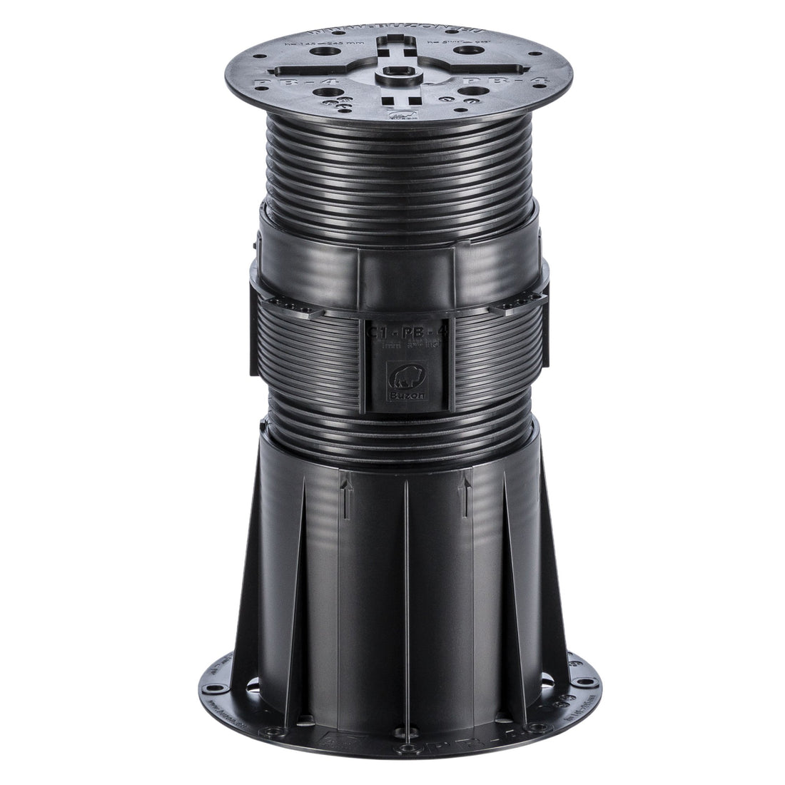 Black adjustable plastic deck pedestal with square base, ribbed column, and top plate for raised outdoor flooring