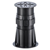 Black adjustable plastic deck pedestal with square base, ribbed column, and top plate for raised outdoor flooring