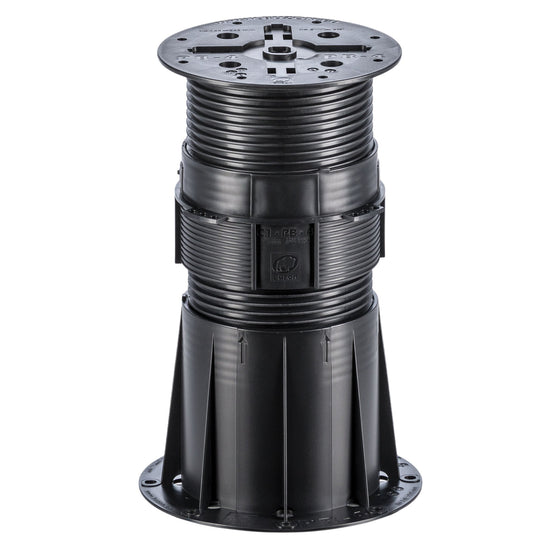 Black adjustable plastic deck pedestal with square base, ribbed column, and top plate for raised outdoor flooring