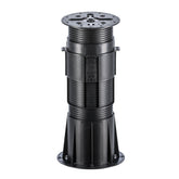 Durable black adjustable decking pedestal with ribbed column, wide base & top platform for outdoor flooring.