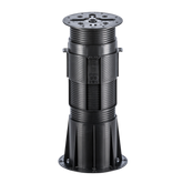 Durable black adjustable decking pedestal with ribbed column, wide base & top platform for outdoor flooring.
