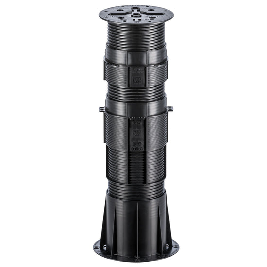 Black adjustable plastic deck pedestal with ribbed design, square base, and height-adjustable support for balcony decking.