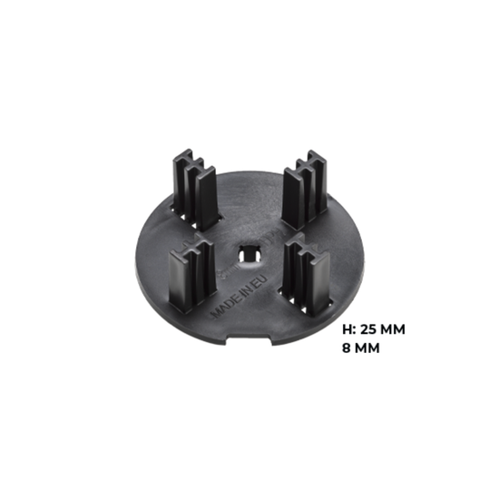 Buzon Spacer Tabs: black clip-on plastic discs with 4 tabs for precise 8mm paver spacing on pedestals, ensuring drainage &...