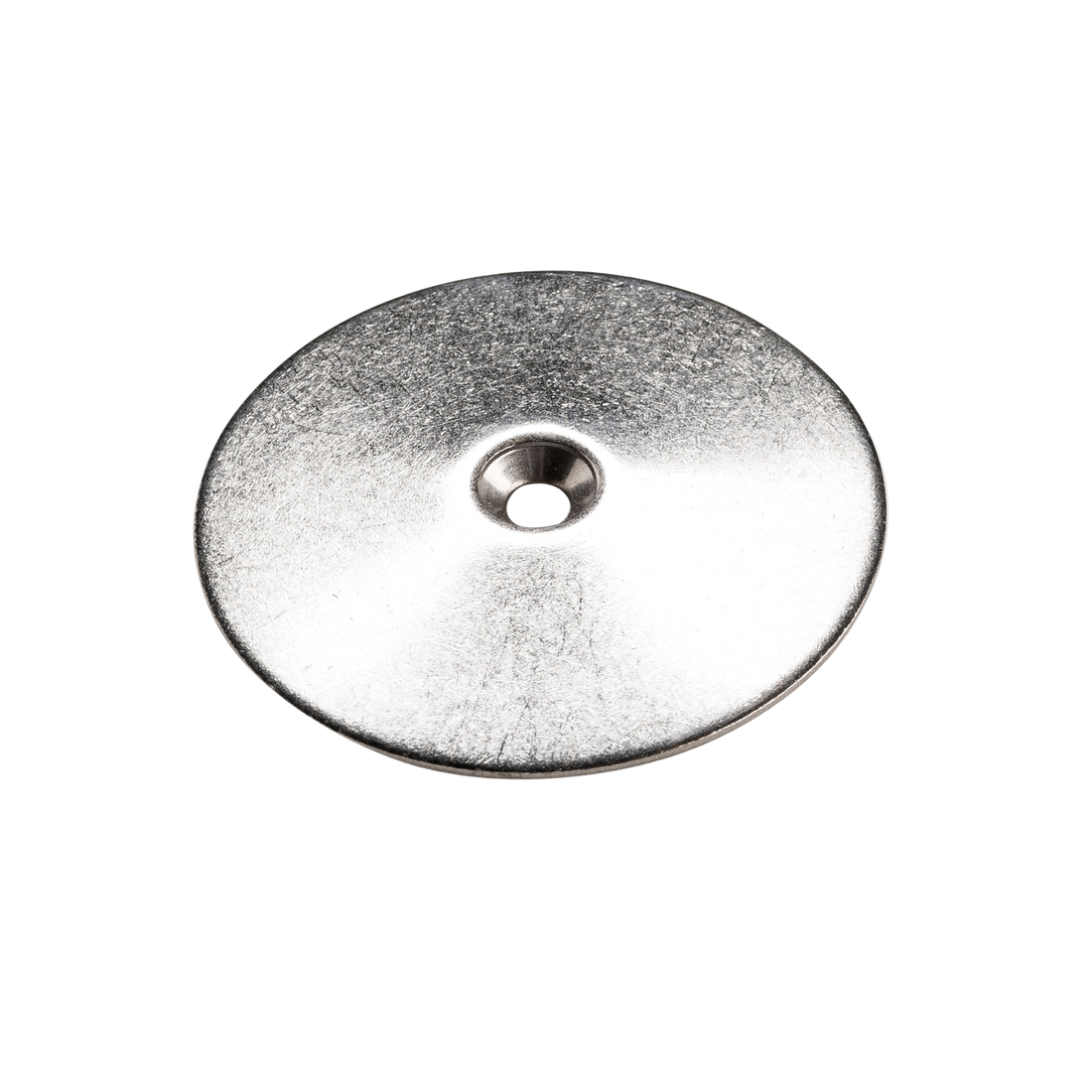 Silver metal flat washer with central hole, durable round hardware fastener for bolts