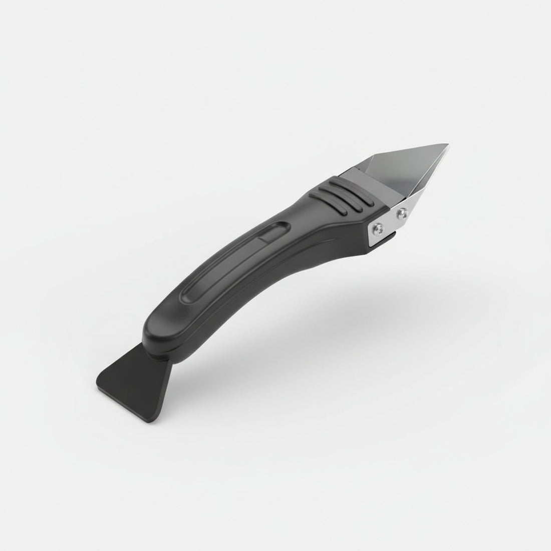 Ergonomic ice scraper with stainless steel blade & rubber squeegee, black grip handle for car windshields
