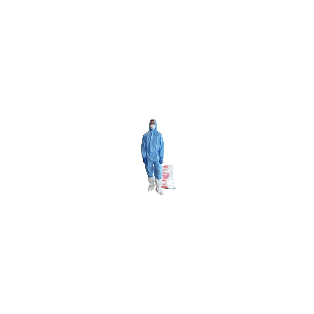 Worker in XXL blue disposable overalls, hood, cuffs & booties: breathable PPE barrier vs paint, dust, grease for safe trad...